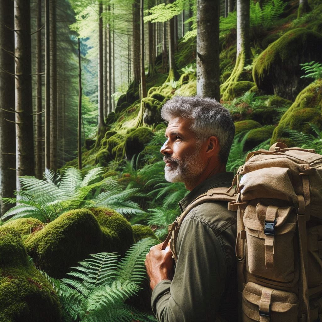 Homem com uma mochila cargueira em uma floresta