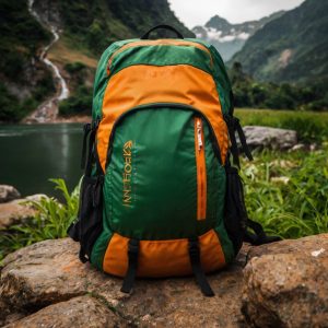 mochila cargueira em uma pedra e ao fundo um lago